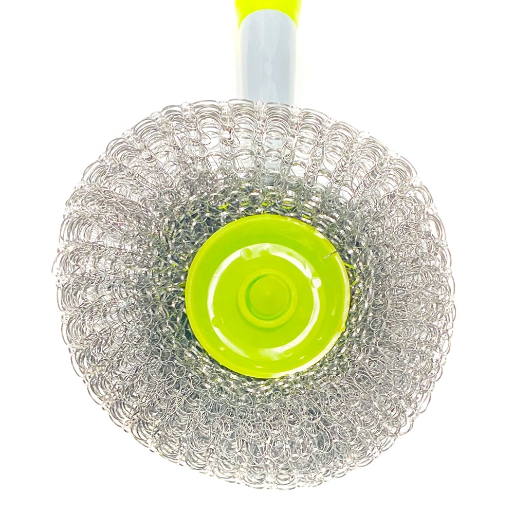 Kitchen Supplies pot brush ball Stainless Steel Scourer with Long PP Handle D2018
