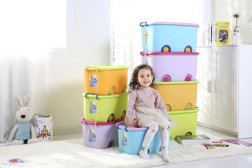 Durable colorful four-wheel doll and toy chest large storage box with lid